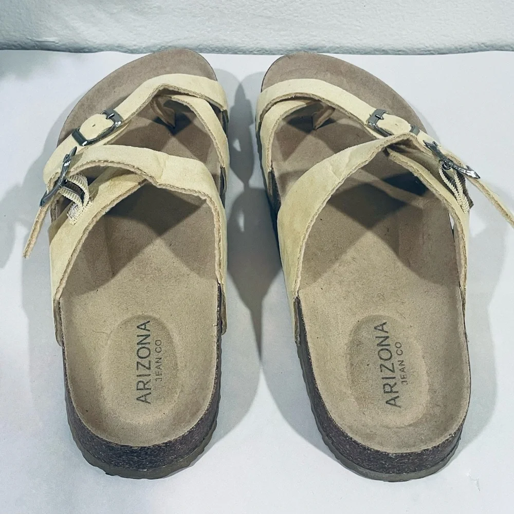 ☀️2/$20 Arizona “Fairhaven” Butter Yellow Vegan Leather Cork Sole Sandals |  EUC